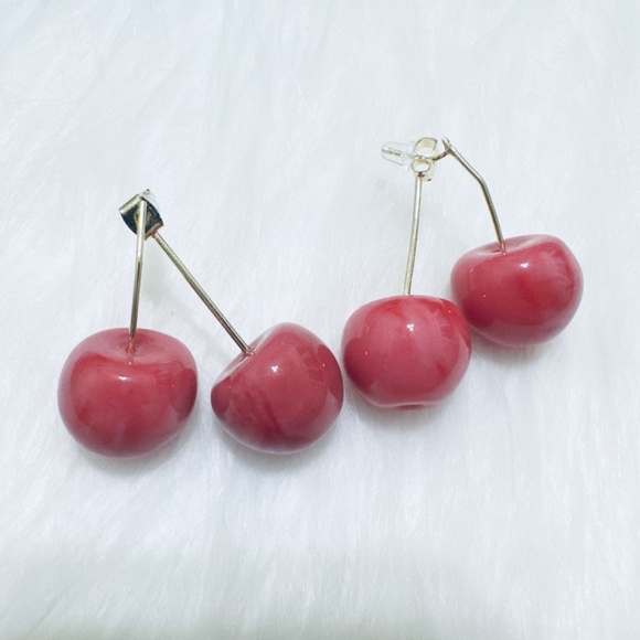 Women’s Fun Fruit Dangle Drop Earrings Cute 3D Pink Cherry Jewelry - Picture 3 of 3